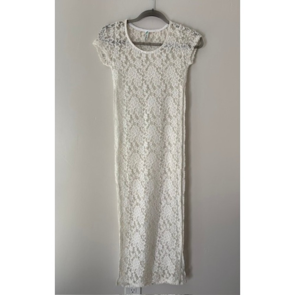 Auditions Womens White Floral Lace Maxi Dress Sheer High Slit AT1575 Size S